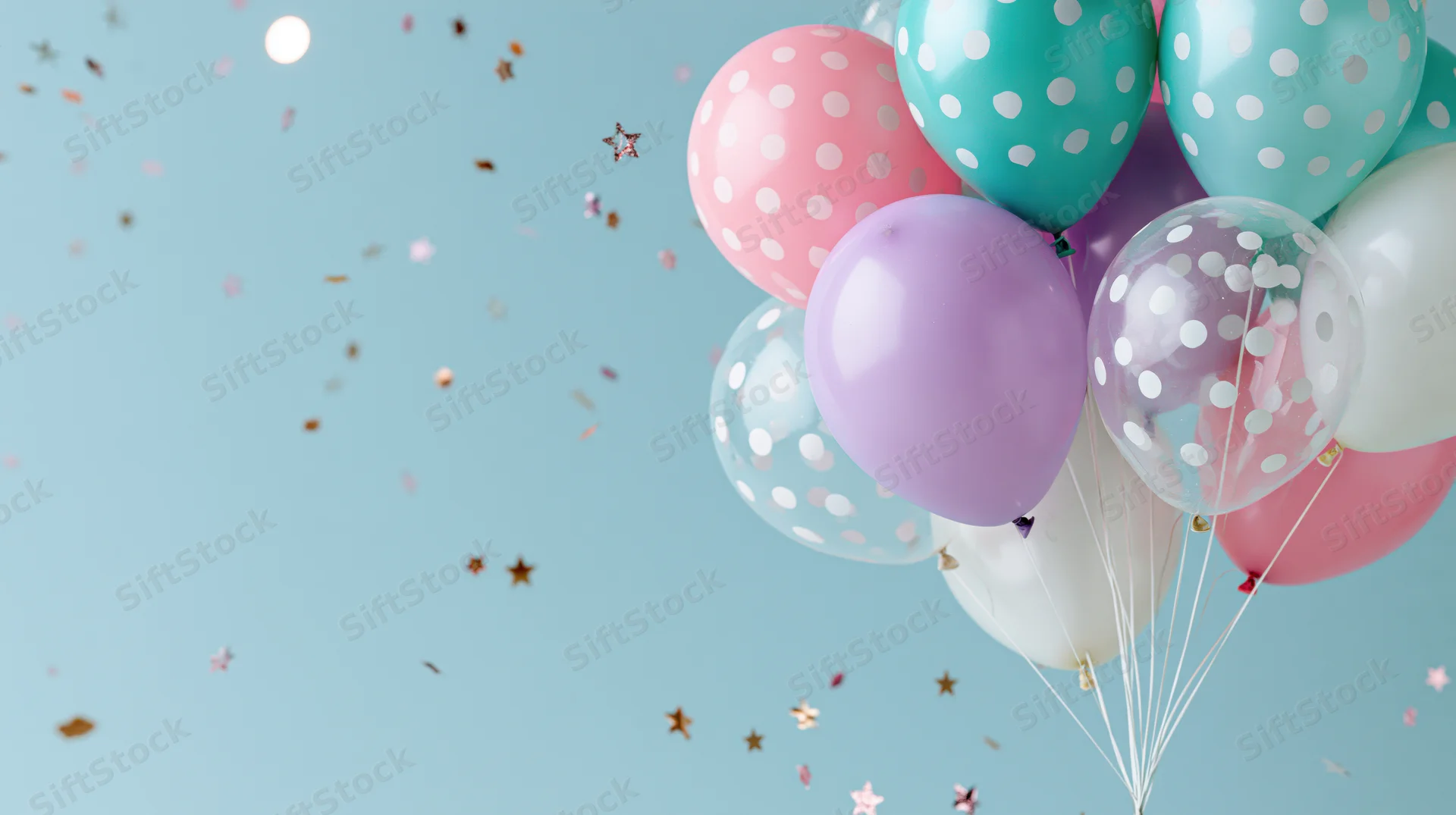 Cluster of pastel polka dot balloons floating with confetti against a light blue background