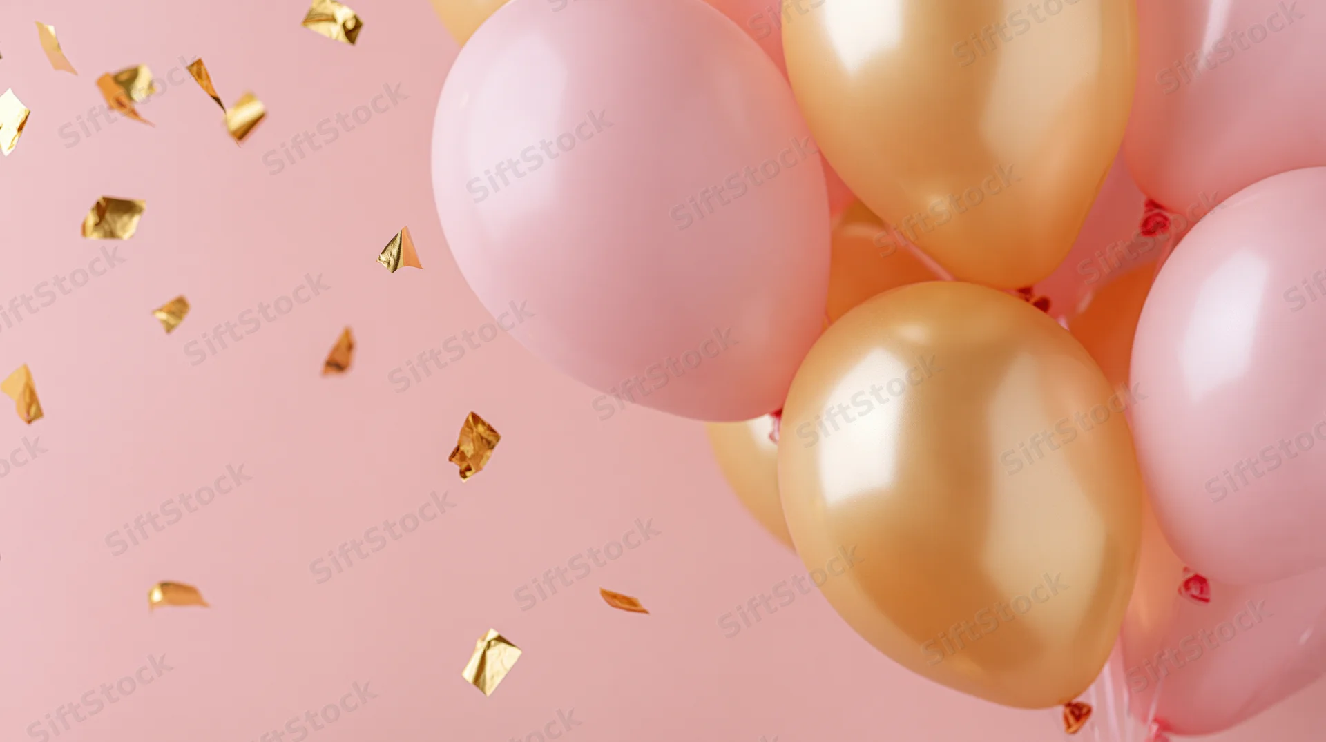 Cluster of pink and gold latex balloons with floating golden confetti against a soft pink background