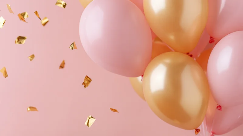 Cluster of pink and gold latex balloons with floating golden confetti against a soft pink background