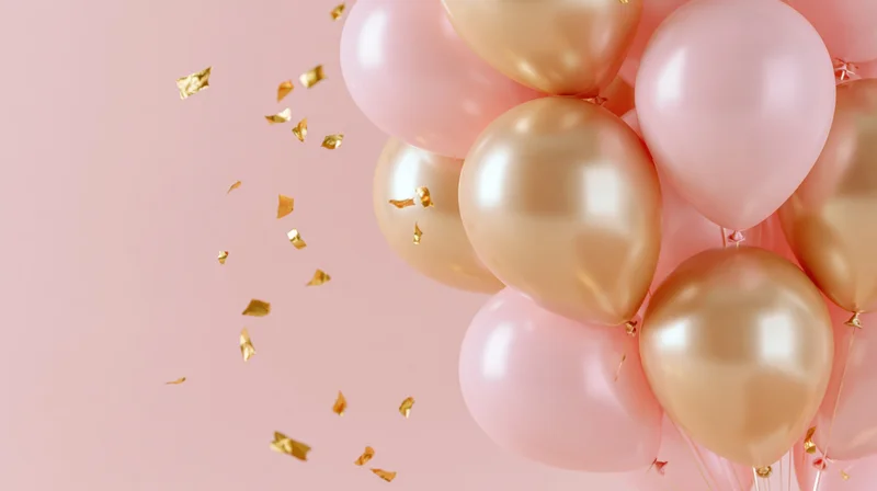 Cluster of pink and gold balloons with floating confetti against a soft pink background