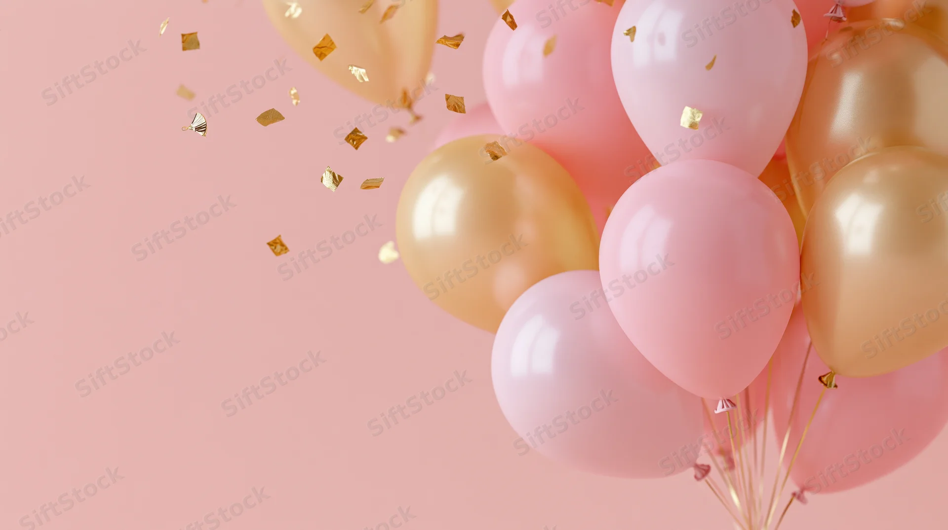 Cluster of pink and gold balloons with floating confetti against a soft pink background