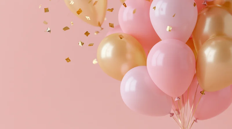 Cluster of pink and gold balloons with floating confetti against a soft pink background