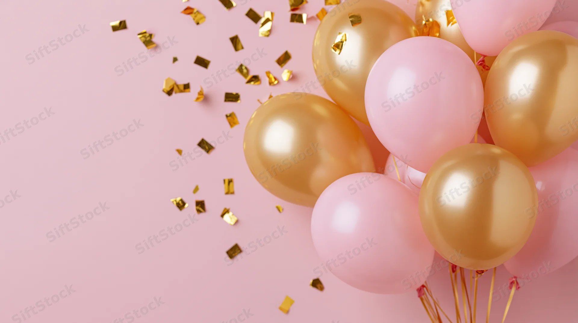 Cluster of pink and gold balloons with scattered confetti on a pastel pink background