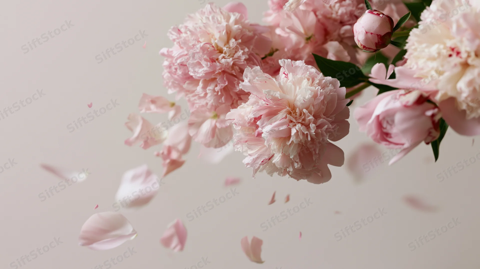 Soft pink peony blooms and floating petals arranged in a floral cluster against a light background