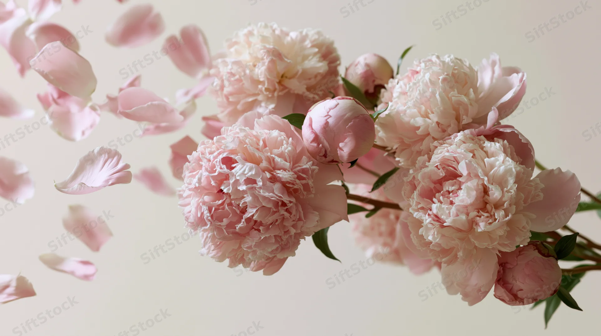Cluster of soft pink peony blooms with loose petals floating in air against light background