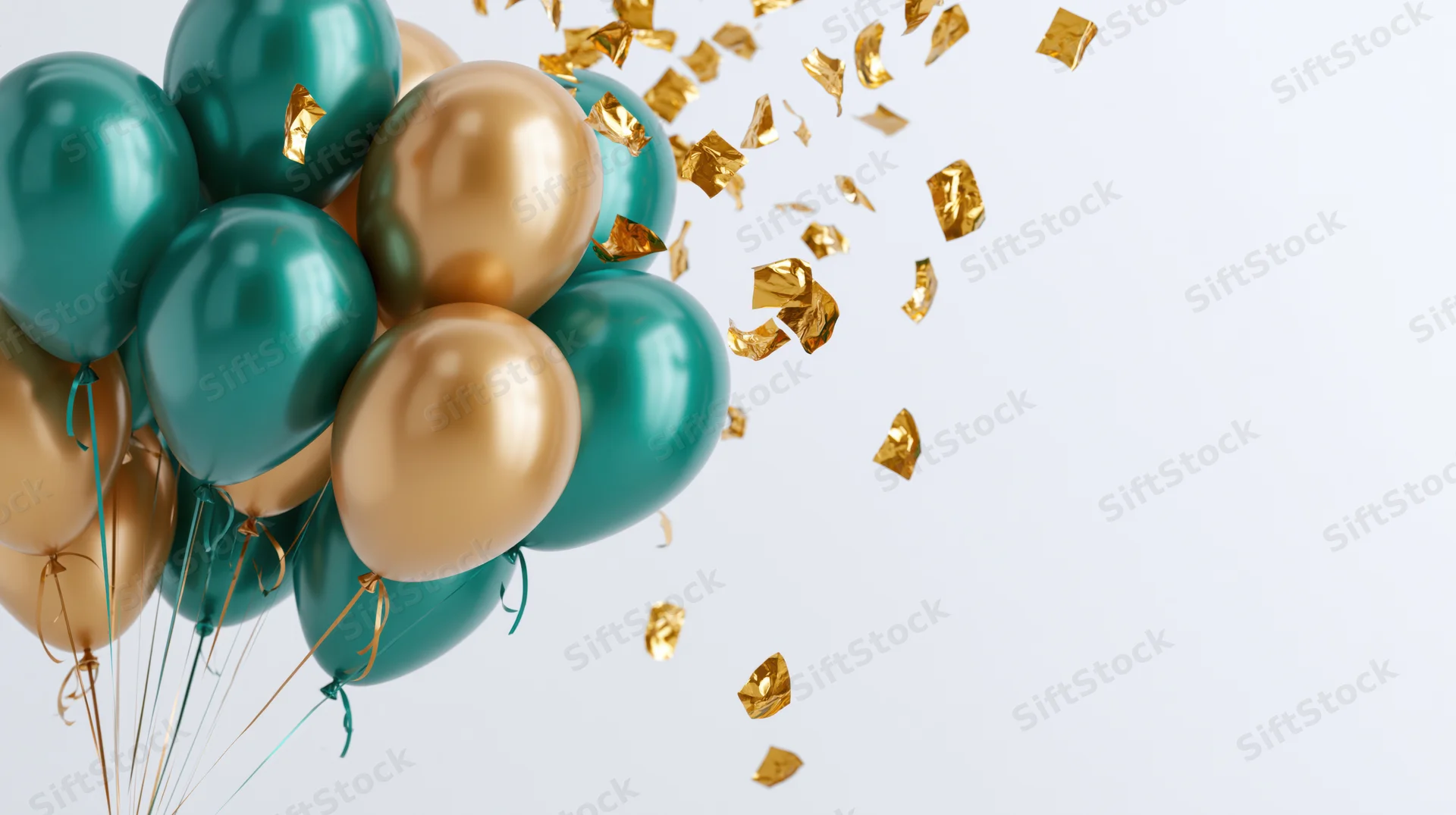 Cluster of teal and gold metallic balloons with floating confetti against white background