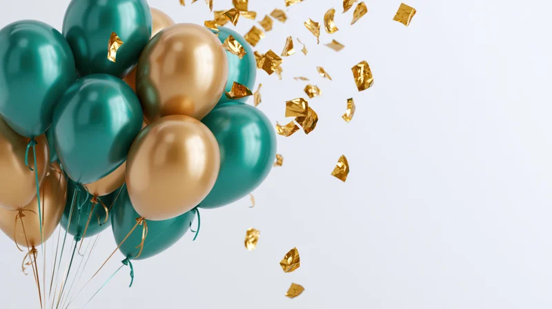 Cluster of teal and gold metallic balloons with floating confetti against white background