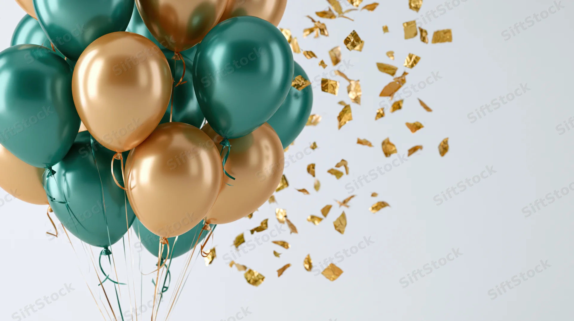 Cluster of teal and gold metallic balloons with floating gold confetti against white background
