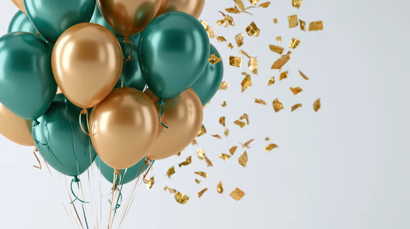 Cluster of teal and gold metallic balloons with floating gold confetti against white background