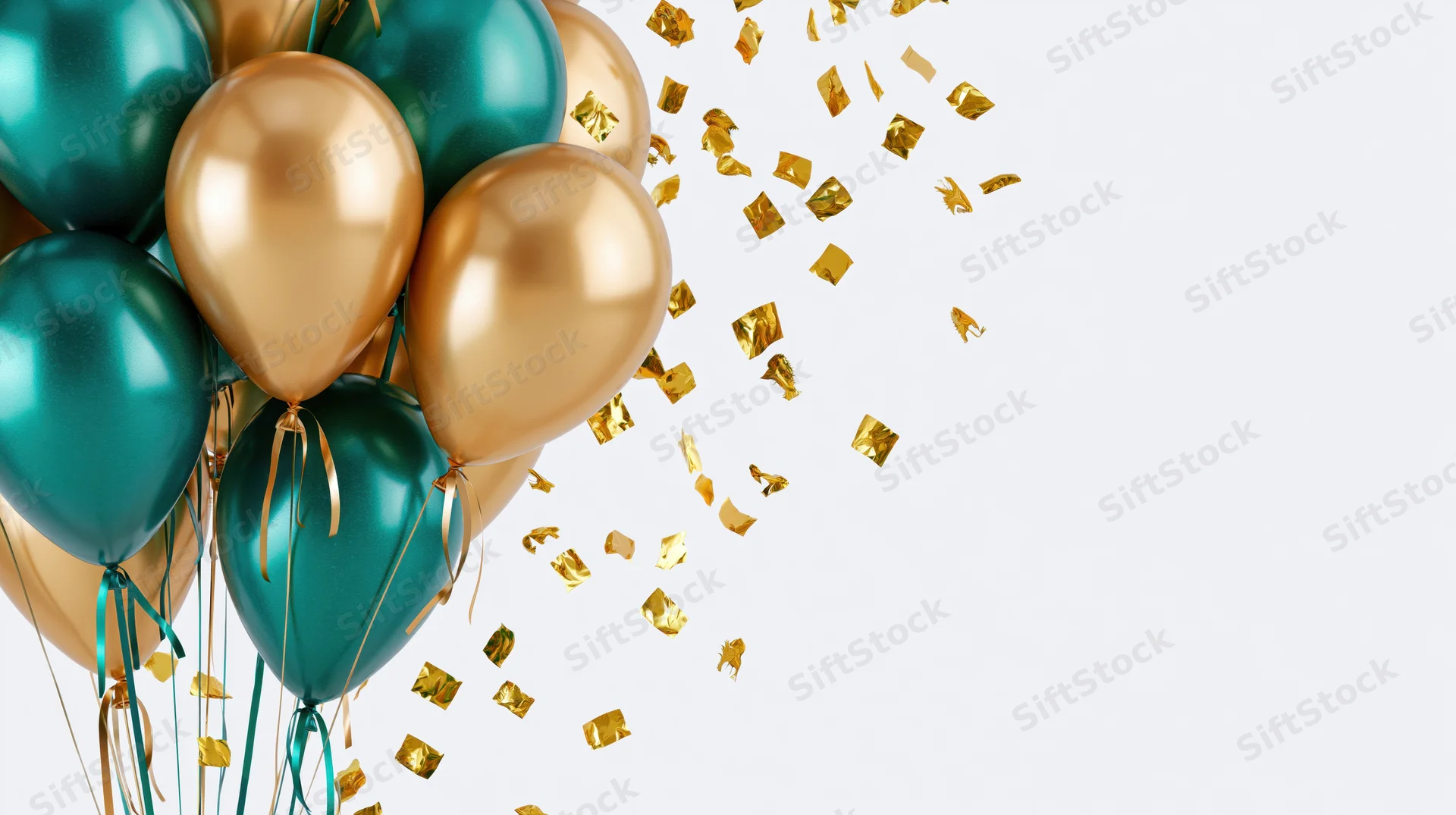Cluster of teal and gold metallic balloons with falling gold confetti on white background