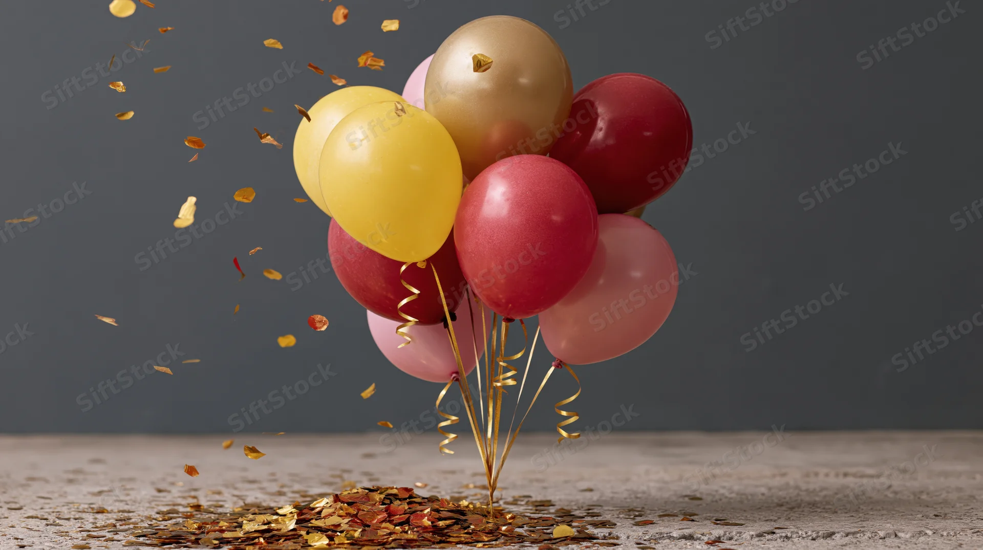 Cluster of colorful latex balloons with gold curl ribbons floating above scattered confetti on a gray surface