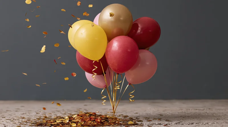 Cluster of colorful latex balloons with gold curl ribbons floating above scattered confetti on a gray surface