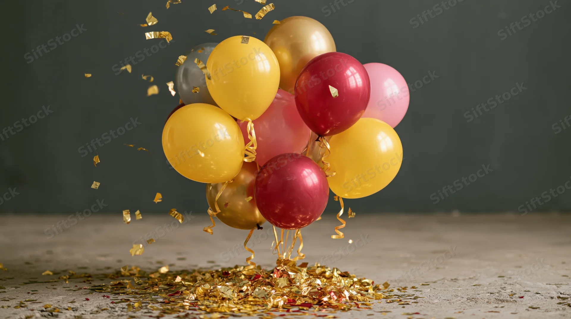 Cluster of colorful latex balloons with falling gold confetti on a concrete floor