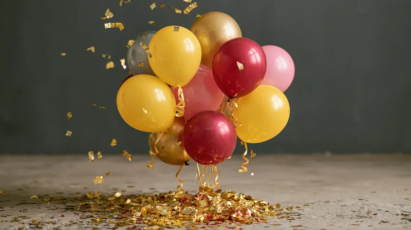 Cluster of colorful latex balloons with falling gold confetti on a concrete floor