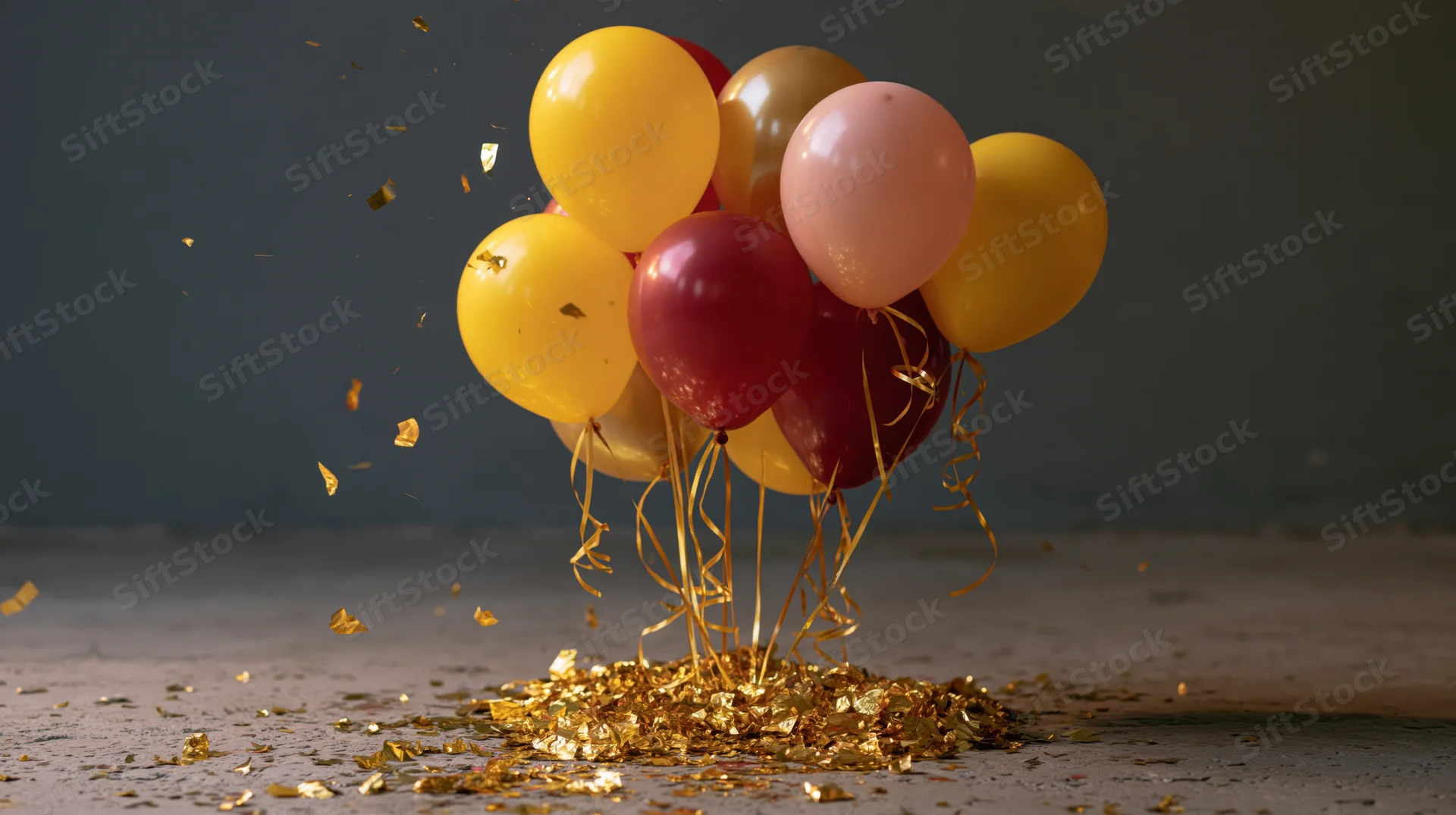 Cluster of yellow, red, pink and gold latex balloons with confetti on floor