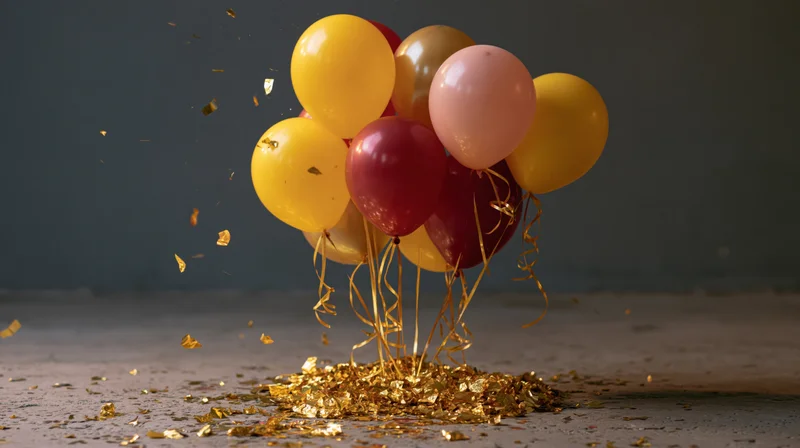 Cluster of yellow, red, pink and gold latex balloons with confetti on floor