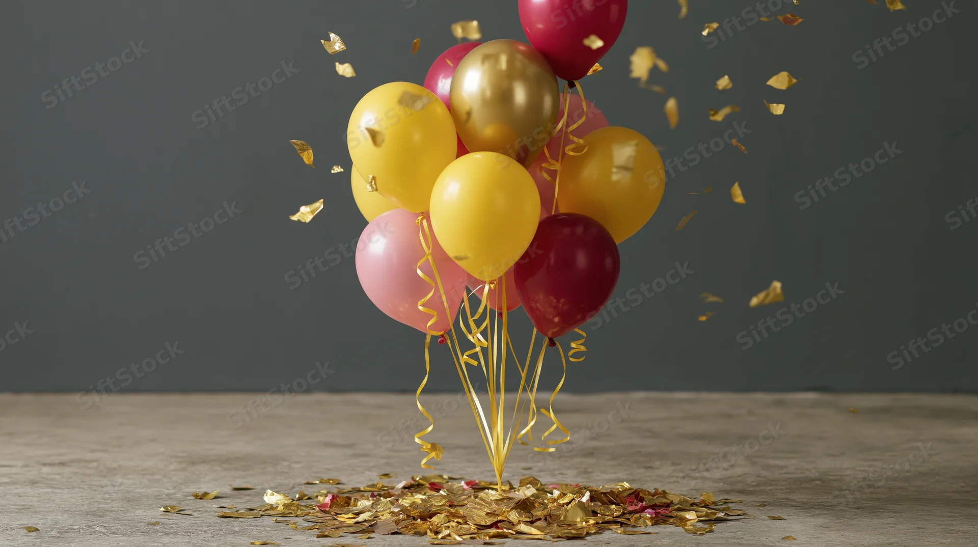 Cluster of yellow, gold, red and pink latex balloons floating with falling confetti on a gray concrete floor