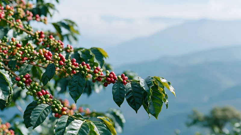Coffee plant branch with ripening cherries and green leaves against mountain landscape