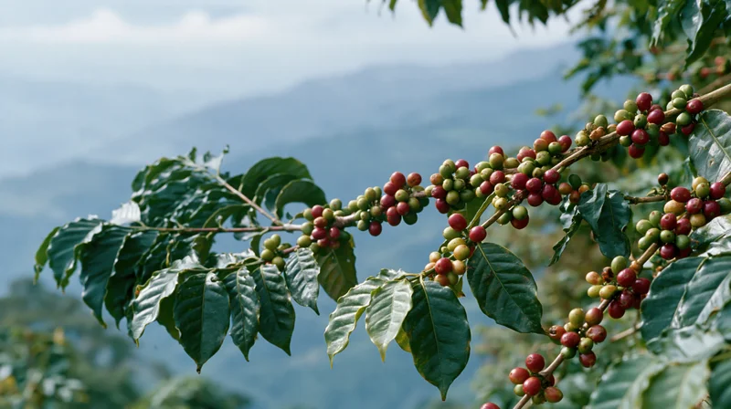 Coffee plant branch with ripening cherries and green leaves against mountain landscape