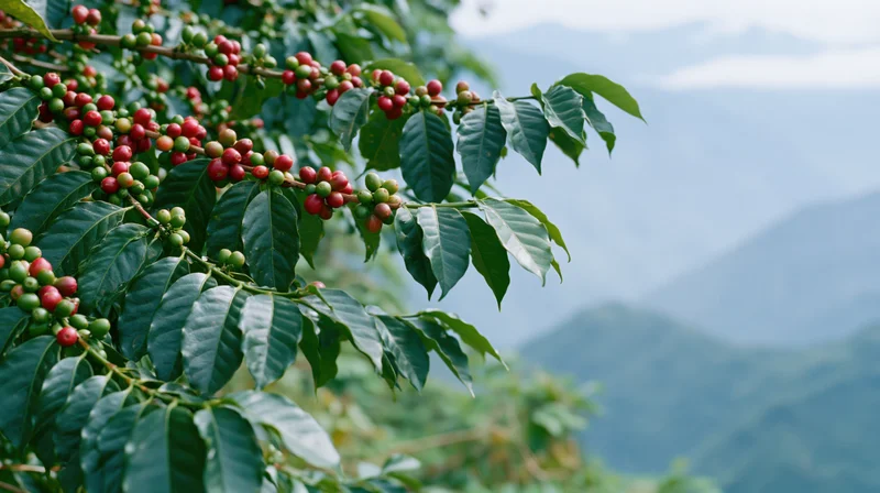 Coffee plant branches with ripening red and green cherries against misty mountains