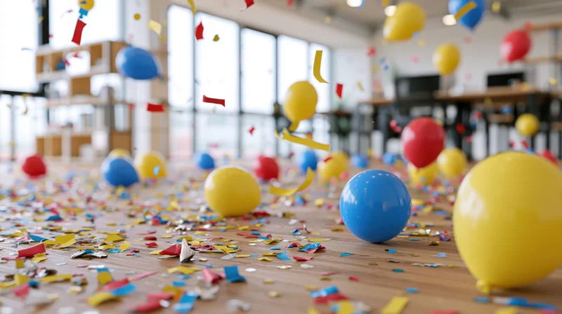 Colorful balloons and confetti scattered across hardwood floor in modern office interior