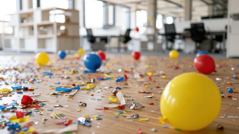 Colorful balloons and confetti scattered across hardwood floor in office after celebration
