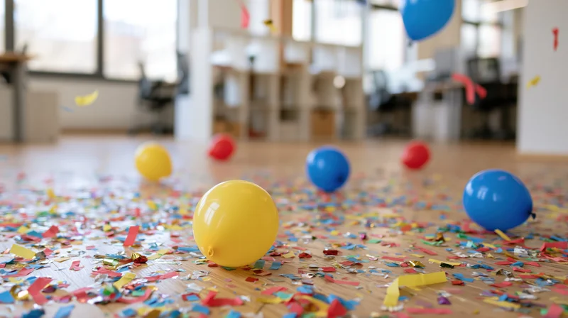 Colorful balloons and confetti scattered across hardwood floor in office after celebration