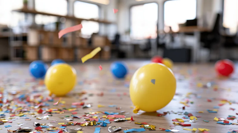 Colorful balloons and confetti scattered across hardwood floor in office space