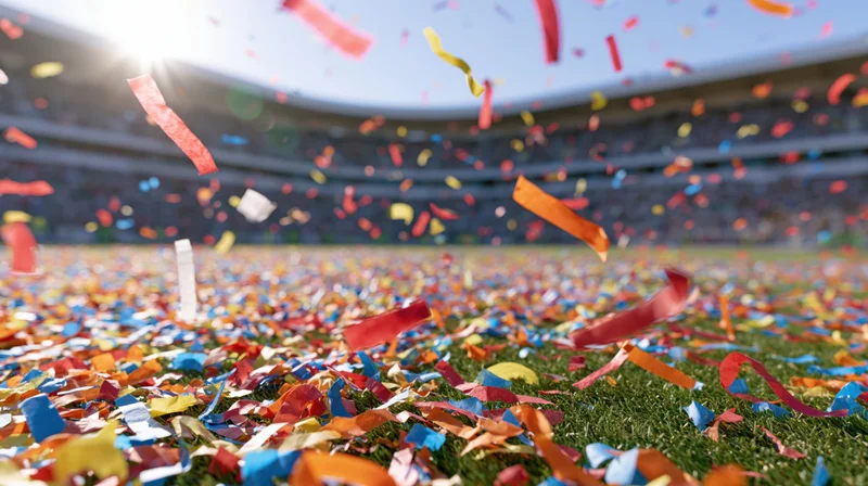 Colorful confetti and paper streamers falling and scattered across a stadium field during a celebration