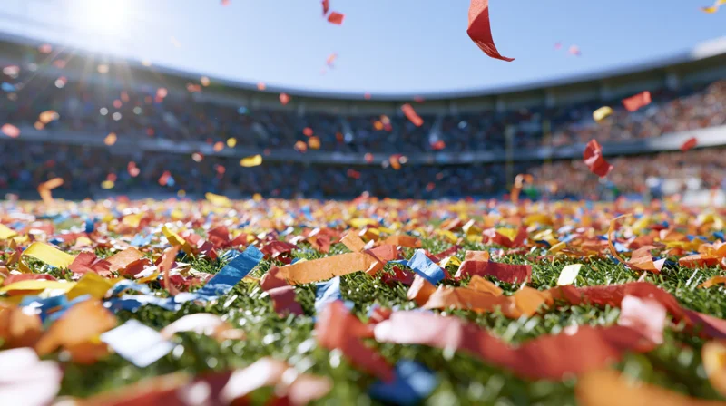 Colorful confetti and paper streamers falling on a stadium field during a celebration