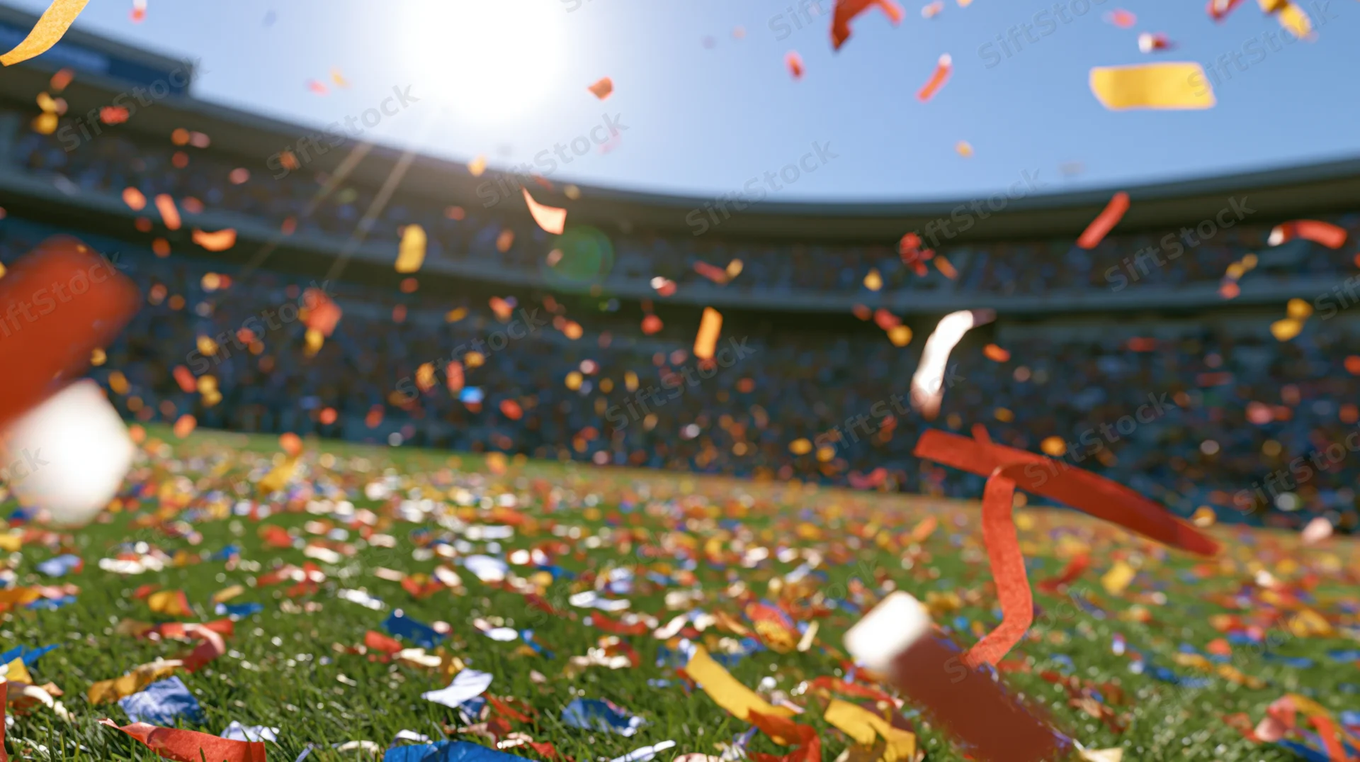 Colorful confetti and paper streamers falling across a stadium field during a sports celebration