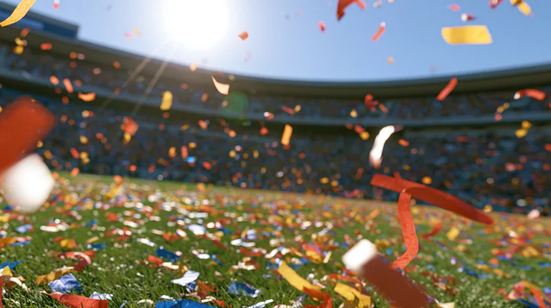 Colorful confetti and paper streamers falling across a stadium field during a sports celebration