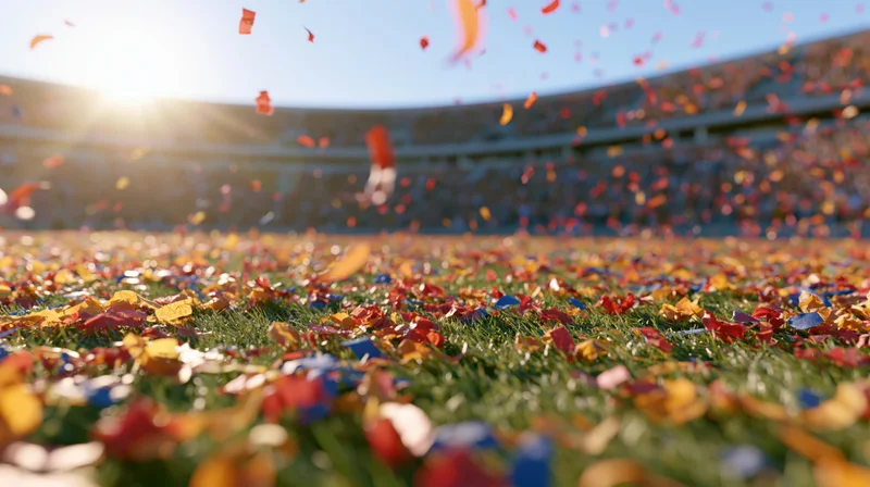 Colorful confetti falling and scattered across a stadium field during a celebration