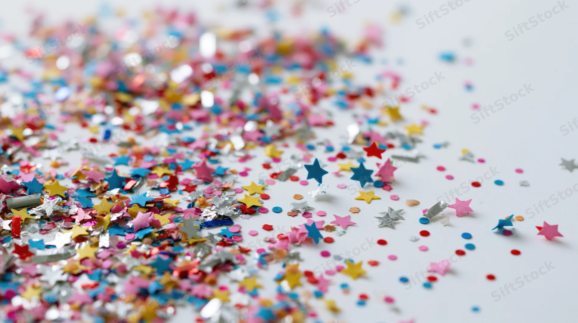 Colorful star-shaped paper confetti scattered across a white surface