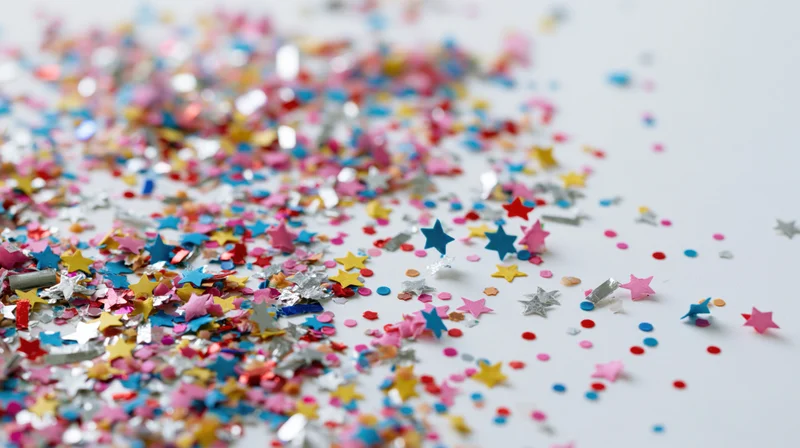 Colorful star-shaped paper confetti scattered across a white surface