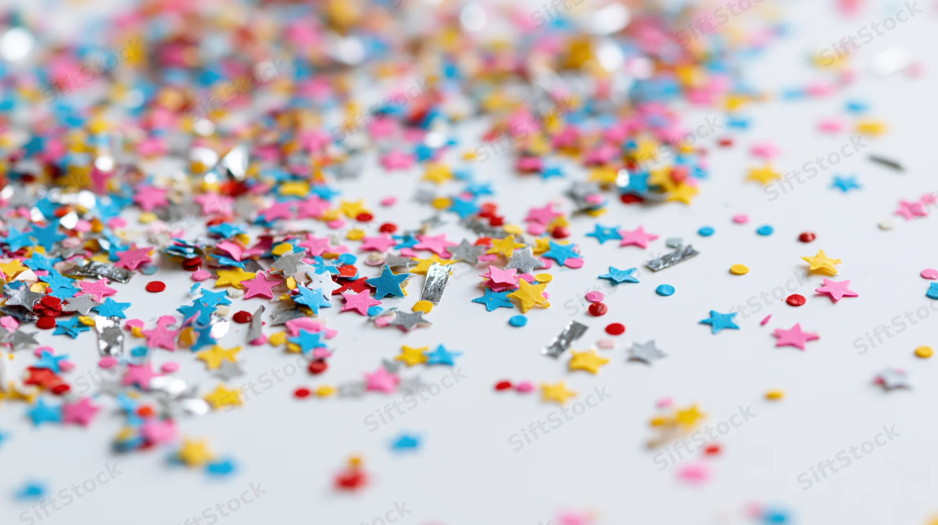 Colorful star-shaped confetti scattered across a white surface