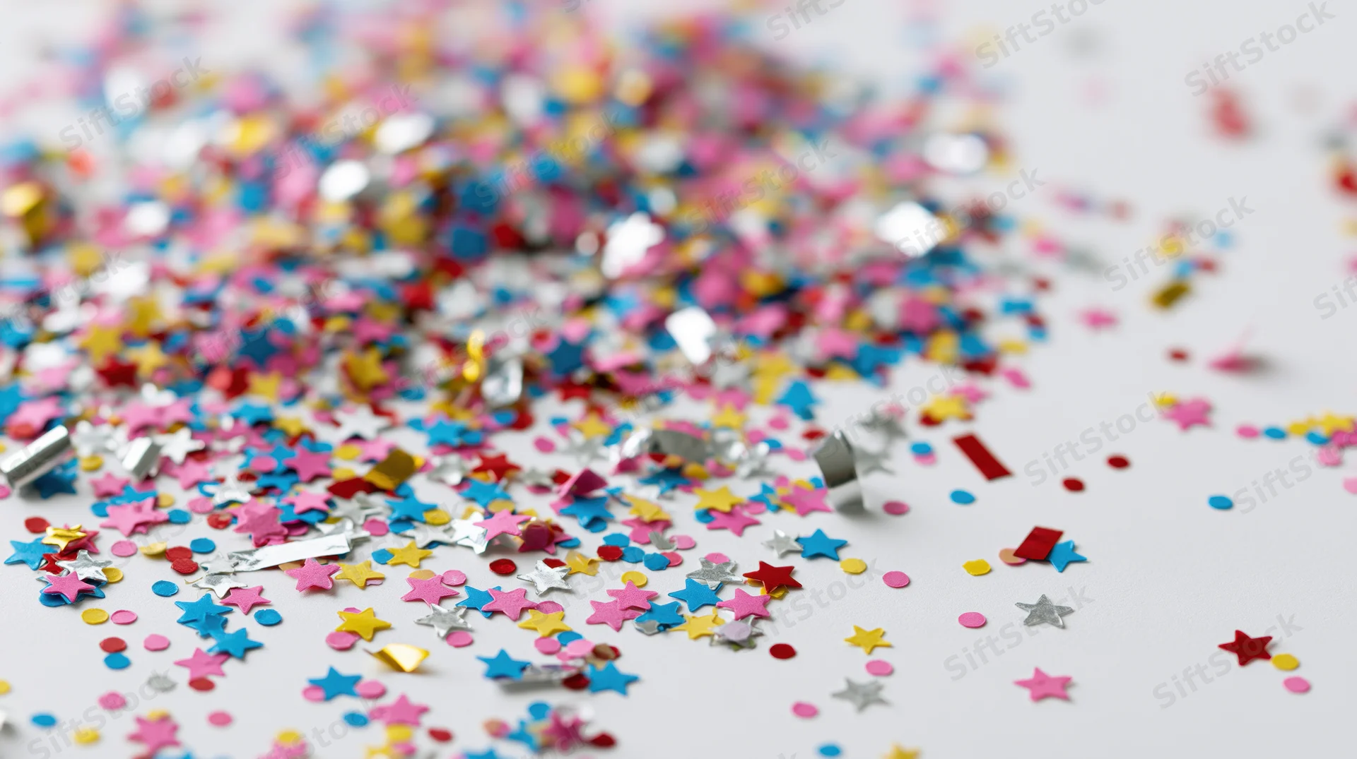 Colorful star-shaped paper confetti scattered on a white surface