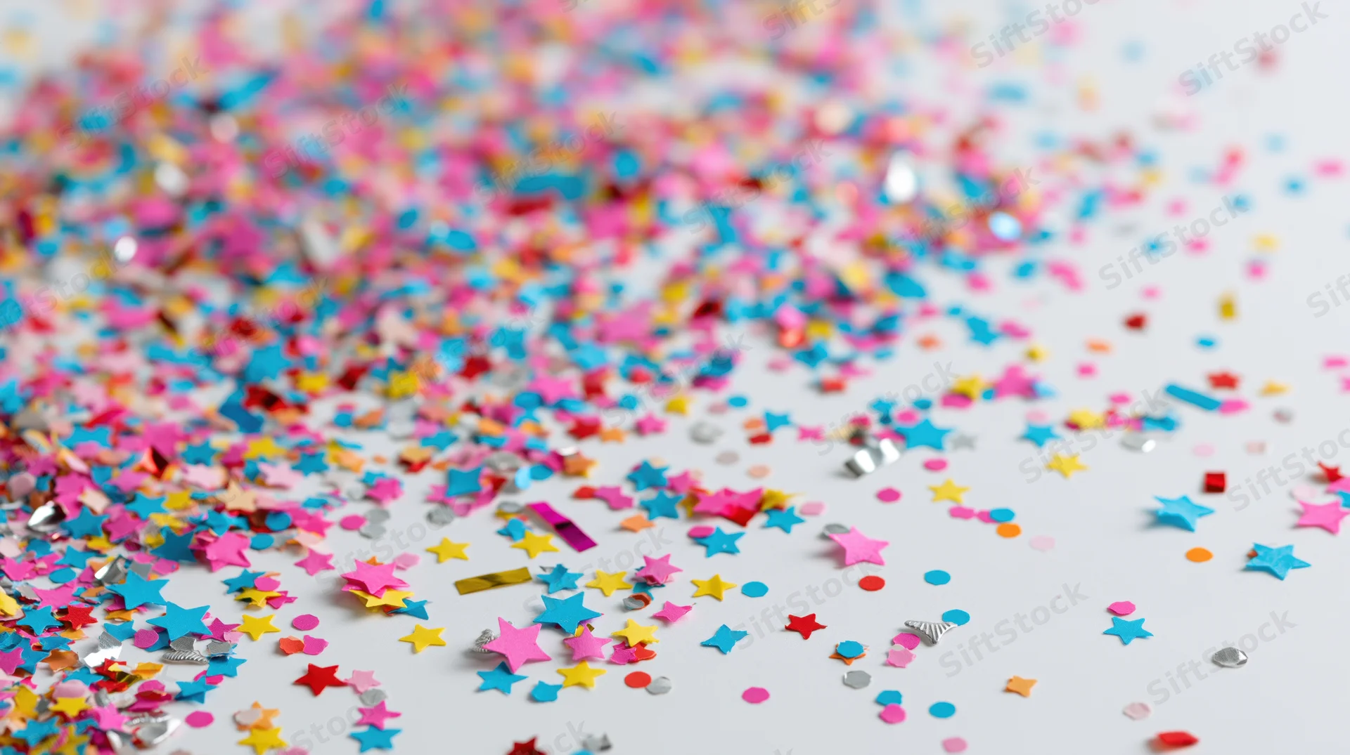 Colorful star-shaped paper confetti scattered across a white surface