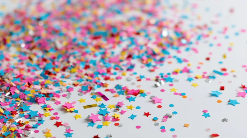 Colorful star-shaped paper confetti scattered across a white surface