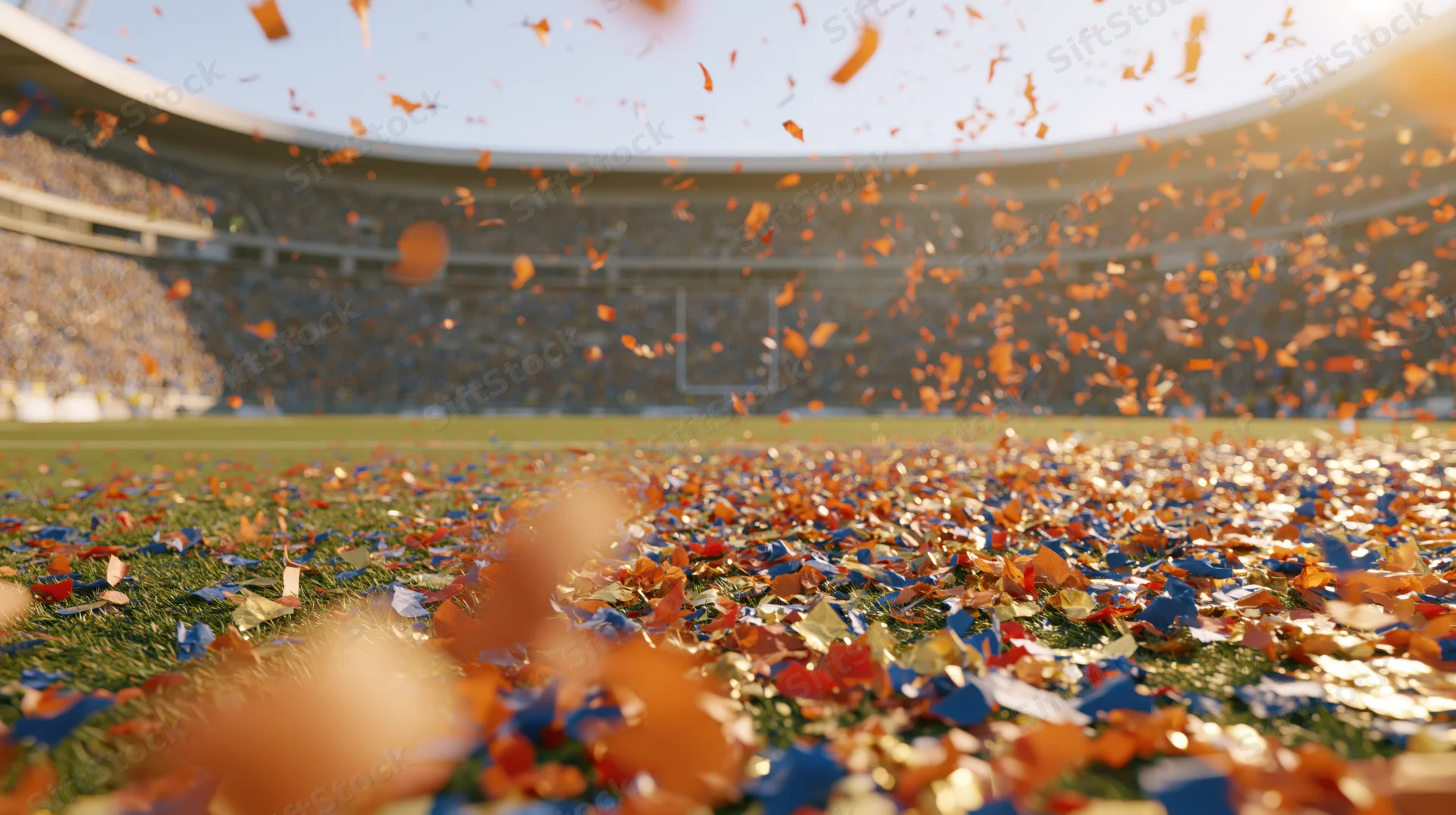 Colorful confetti falling across a football stadium field during a celebration event