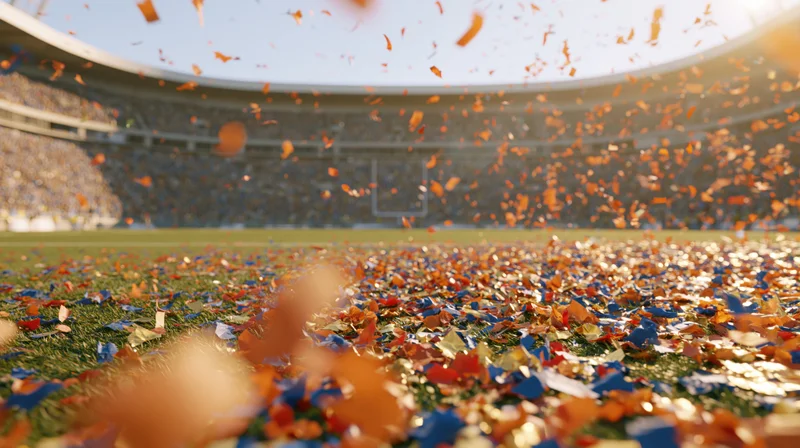 Colorful confetti falling across a football stadium field during a celebration event