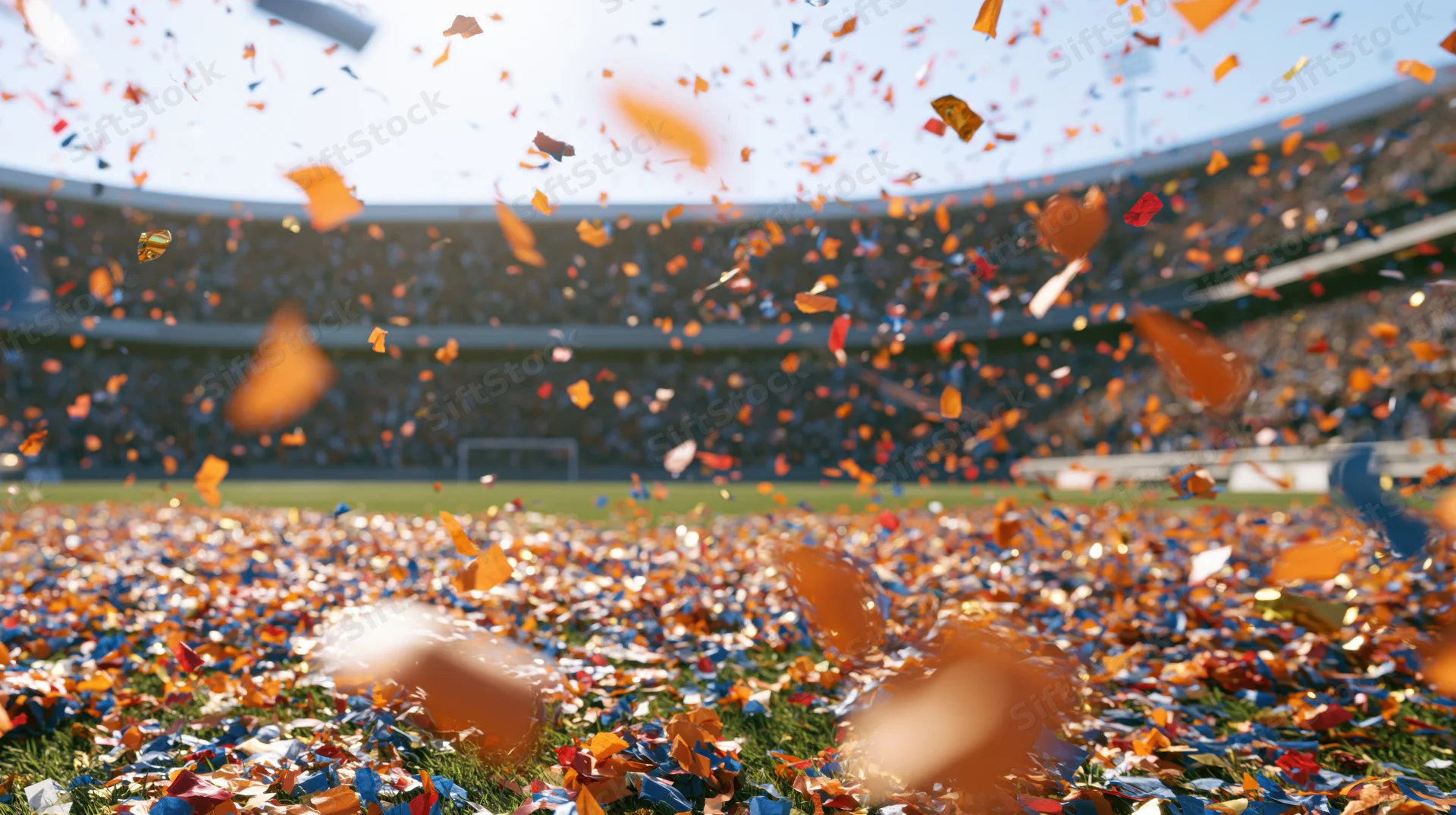 Colorful confetti falling across a football stadium field during a celebration