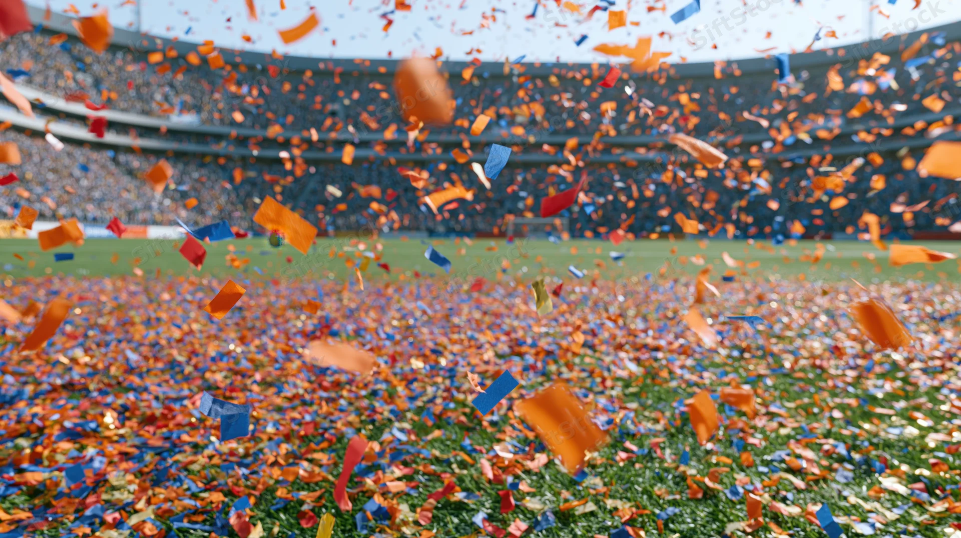 Colorful confetti falling across a football stadium field during a celebration with crowd in stands