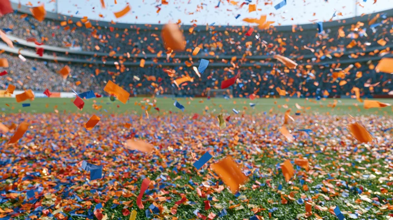 Colorful confetti falling across a football stadium field during a celebration with crowd in stands