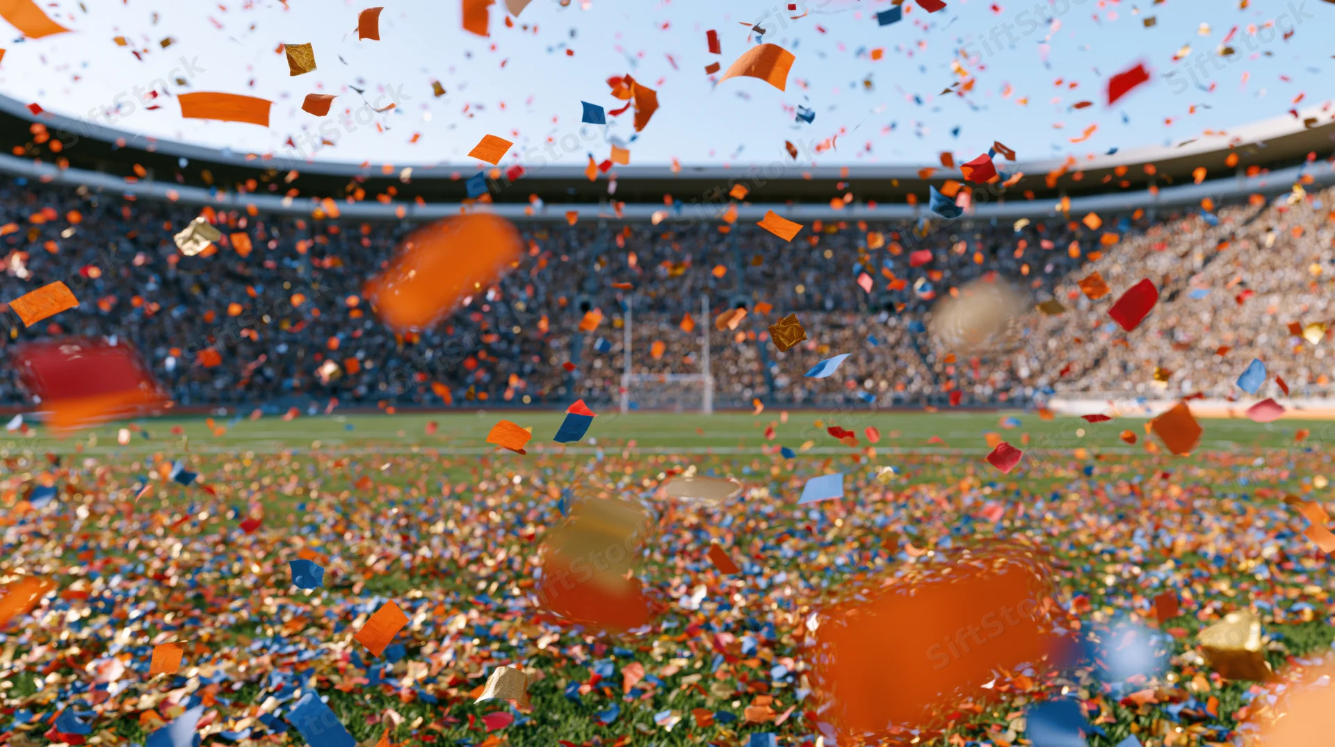 Colorful confetti falling across a football stadium field during a celebration with a large crowd in the stands