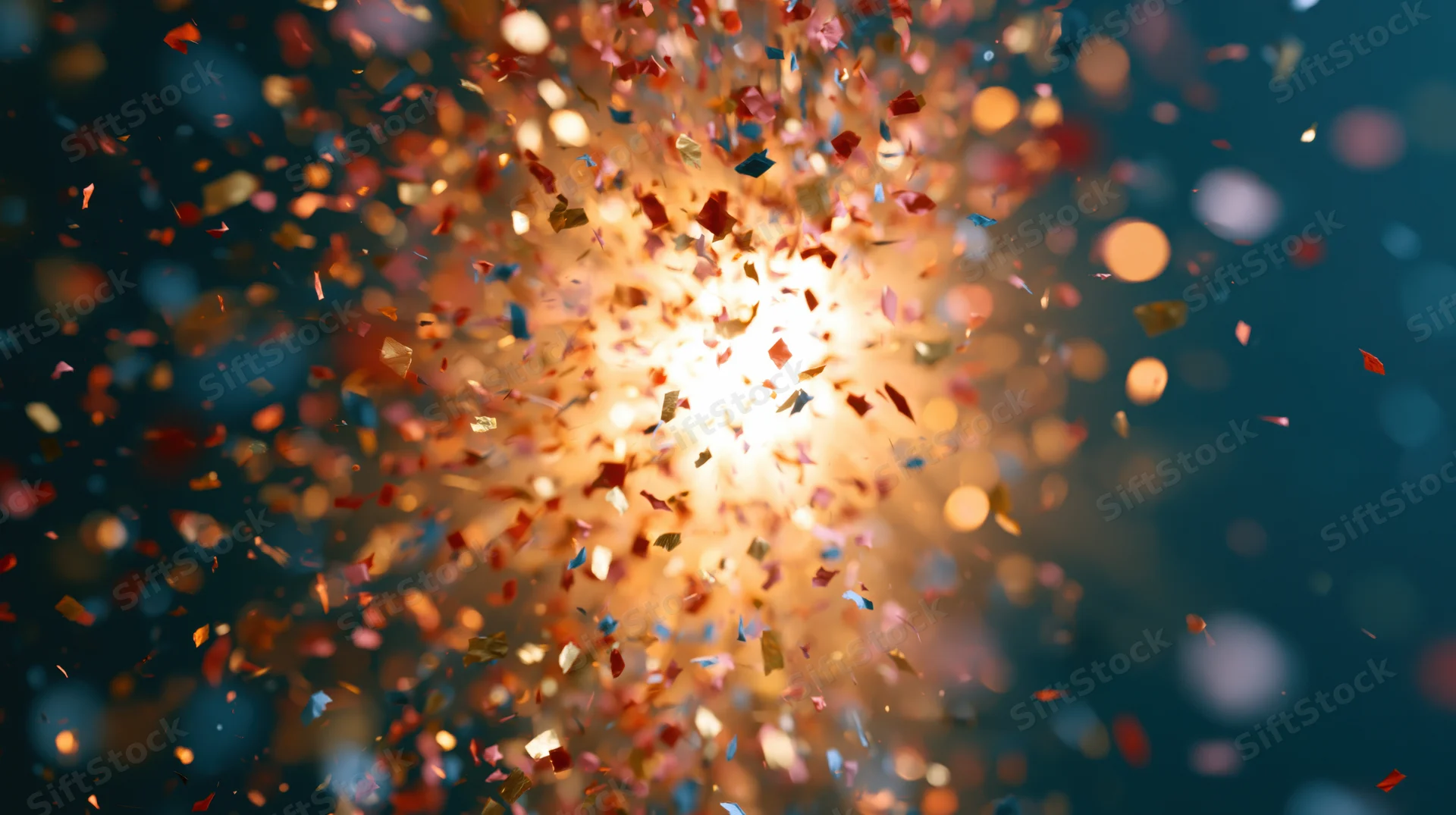 Colorful confetti exploding outward from a bright center against a dark background