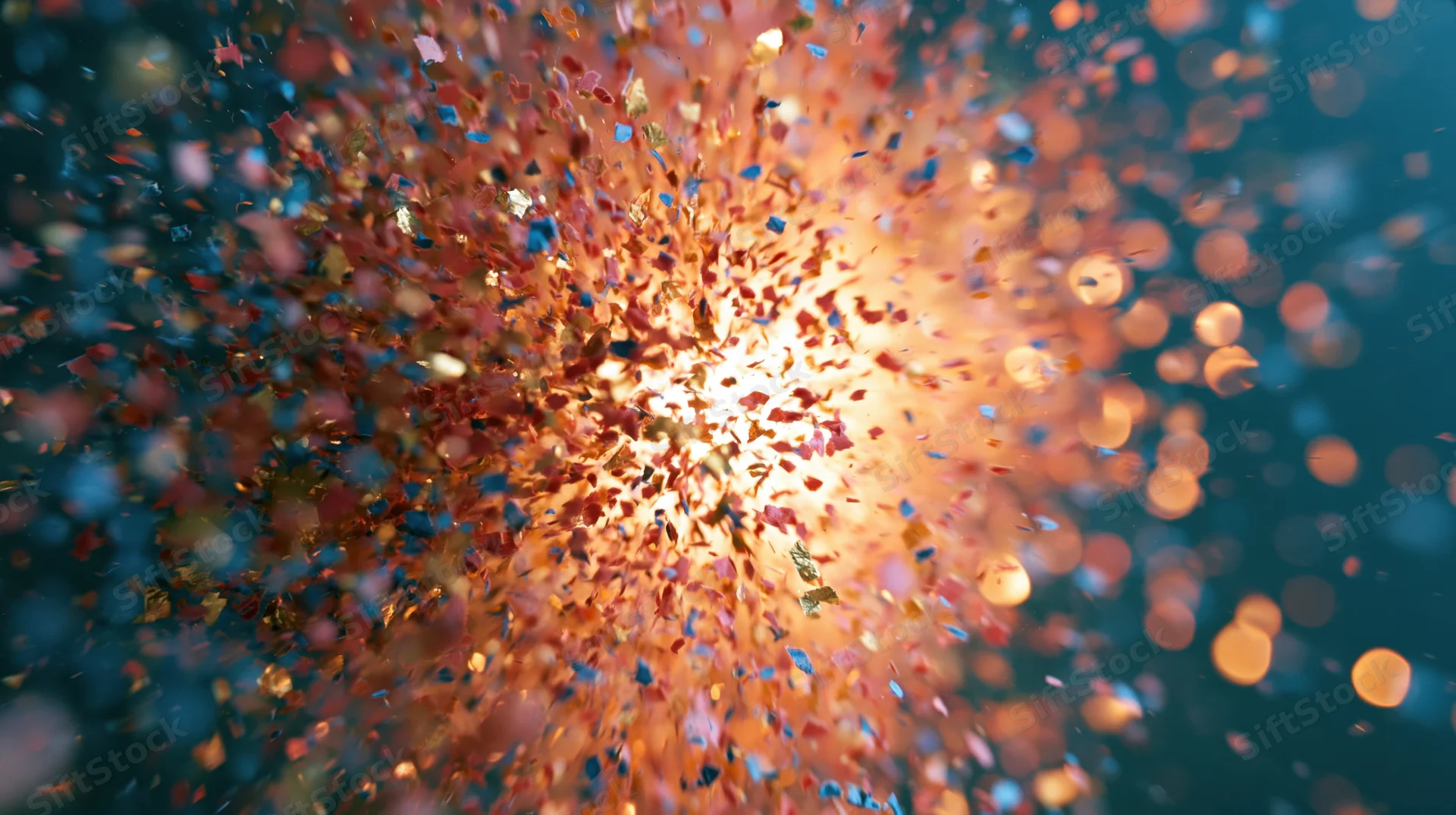 Colorful confetti exploding outward from a bright center against a dark background