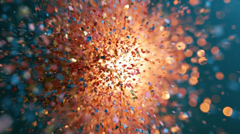 Colorful confetti exploding outward from a bright center against a dark background