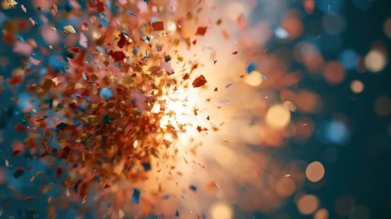 Colorful confetti exploding outward from a bright center against a dark background with bokeh lights