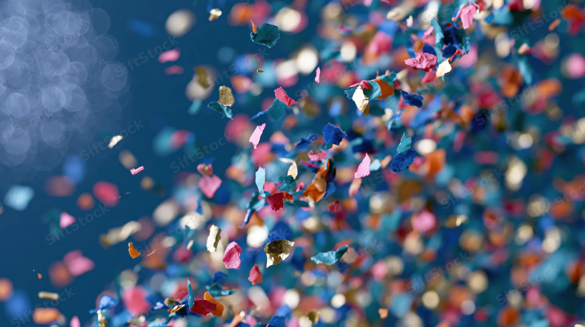 Colorful confetti pieces falling midair against a dark blue background